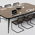Modern Wooden Conference Table With Laptop Cups Documents And Surrounding Chairs