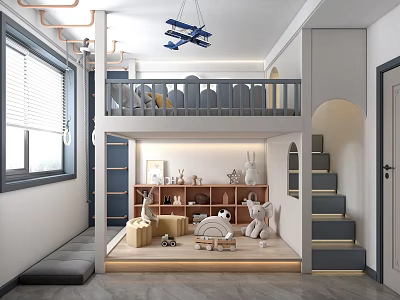 Modern Children's Room With Bunk Bed And Toys Storage 3d model