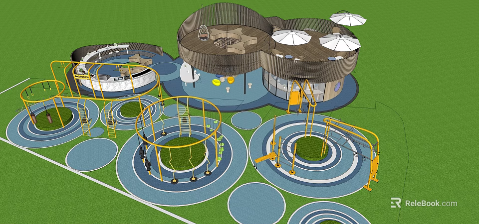 Vibrant Children's Play Area With Circular Climbing Structures Slides Umbrellas On Green Turf 3d model 