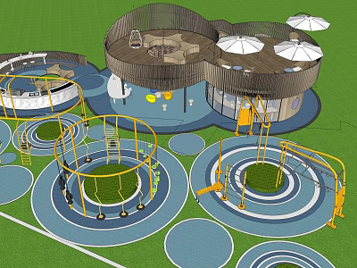 Vibrant Children's Play Area With Circular Climbing Structures Slides Umbrellas On Green Turf 3d model