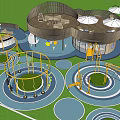 Vibrant Children's Play Area With Circular Climbing Structures Slides Umbrellas On Green Turf