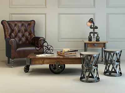 Tufted Leather Armchair And Wooden Coffee Table Set With Metal Stools And Vintage Lamp 3d model