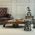 Tufted Leather Armchair And Wooden Coffee Table Set With Metal Stools And Vintage Lamp