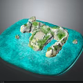 Island Architecture 3D Model With Green Vegetation Blue Water And Small Rocks