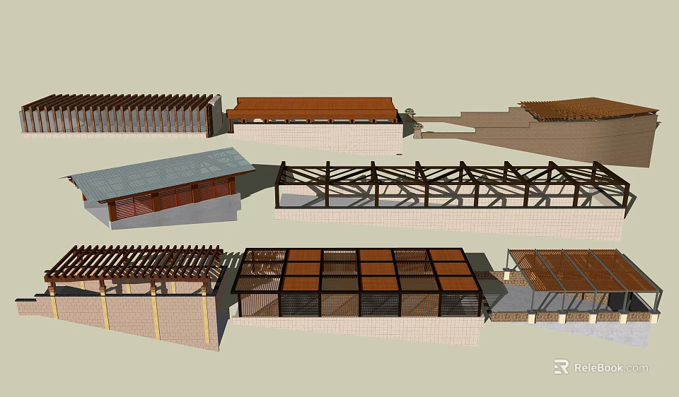 Traditional And Modern Architectural Structures With Wooden Frames And Stone Walls 3d model