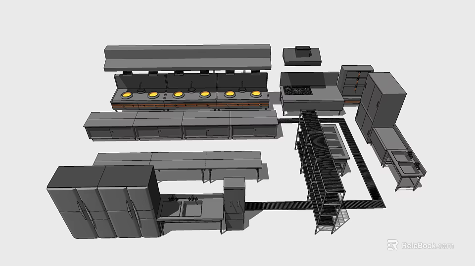 Sleek Modern Open Kitchen Design With Island Counter Cabinets And Kitchen Appliances 3d model 