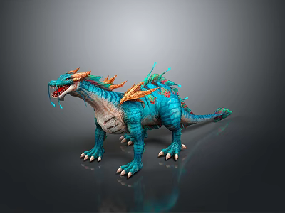 Mythical Blue Dragon Sculpture Carving With Detailed Orange Spiked Decorations 3d model