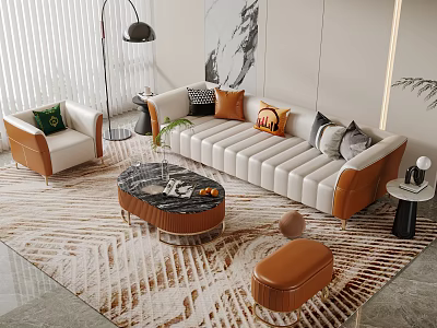 Modern Sofa and Coffee Table Set With Marble Top Colorful Cushions and Patterned Rug 3d model
