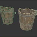 Two Rustic Wooden Buckets With Metal Hoops For Household Daily Use