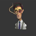Cartoon Male Character With Glasses Red Eye Brown Hair White Shirt Blue Tie Brown Suspenders Gray Background Reflection