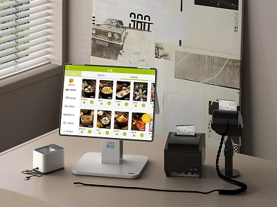 Food Order System Workstation With Display Monitor And Receipt Printer On Desk 3d model