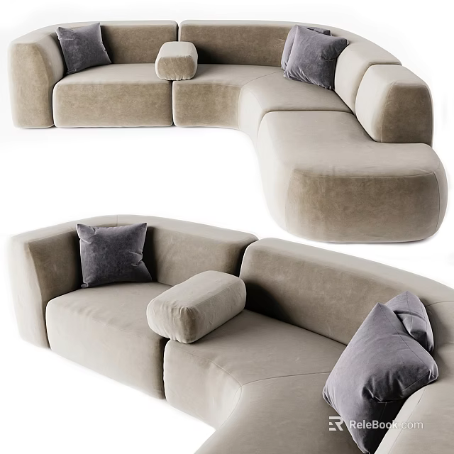 Comfortable Modern Beige Sectional Sofa With Gray Pillows And L Shaped Design 3d model 