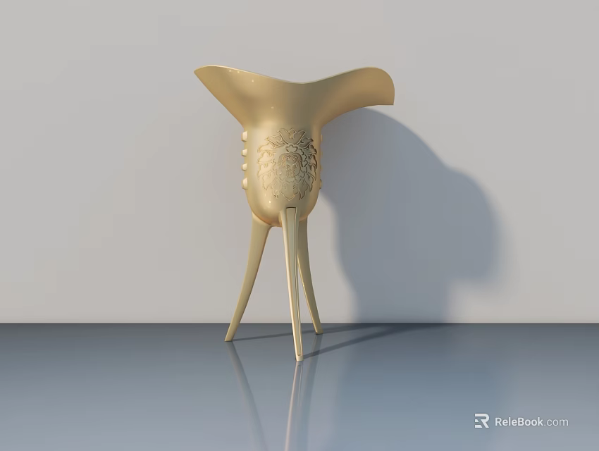 Golden Modern Abstract Sculpture Carving With Intricate Patterns And Three Legged Structure 3d model 
