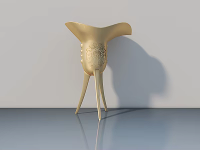 Golden Modern Abstract Sculpture Carving With Intricate Patterns And Three Legged Structure 3d model