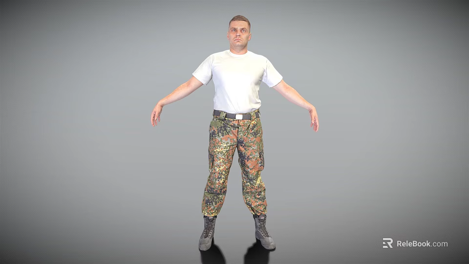 Man In White T-Shirt And Camouflage Pants With Arms Outstretched On Gray Background 3d model 