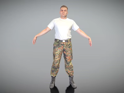 Man In White T-Shirt And Camouflage Pants With Arms Outstretched On Gray Background 3d model