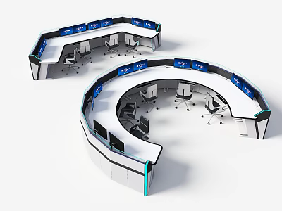 Curved Office Desk Workstation With Multiple Blue Monitors And Office Chairs 3d model