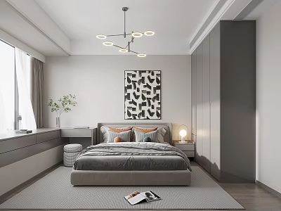 Modern Bedroom Interior With Gray Bed Nightstand Chandelier Built in Cabinets and Abstract Artwork 3d model