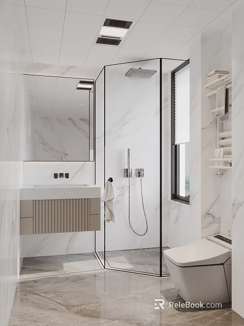 Modern Bathroom Interior Design With Marble Walls Glass Shower Enclosure Vanity Cabinet And Mirror 3d model 