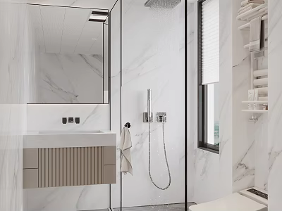 Modern Bathroom Interior Design With Marble Walls Glass Shower Enclosure Vanity Cabinet And Mirror 3d model
