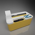 Yellow And White Toy Train Display Case With Reel And Screen Showing