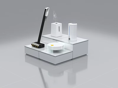 White Multi Tiered Display Shelf with Cylindrical Units Black Device and White Bowl 3d model