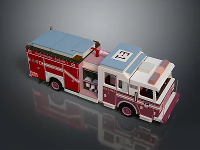 Building Block Fire Truck Model With FDNY Logo Red White Blue Roof Structure Wheels 3d model