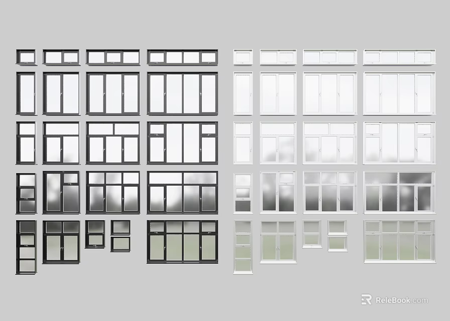 Casement Windows In Various Modern Styles With Black And White Frames And Different Sizes 3d model