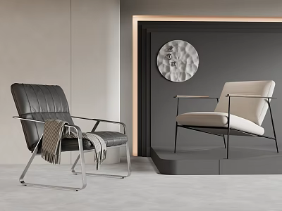 Leisure Chairs Modern Black Leather Beige Fabric With Metal Frame In Interior 3d model