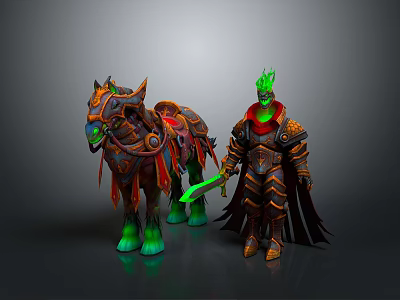 Armored Warrior With Green Crown Holding Sword And Mythical Horse With Decorative Saddle 3d model