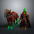 Armored Warrior With Green Crown Holding Sword And Mythical Horse With Decorative Saddle