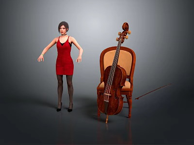 Red Dress Black Stockings High Heels And Wooden Chair Daily Living Essentials 3d model