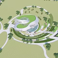 Modern Sales Office Building with Silver Curved Roof Perforated Exterior Lawn Trees and People Walking