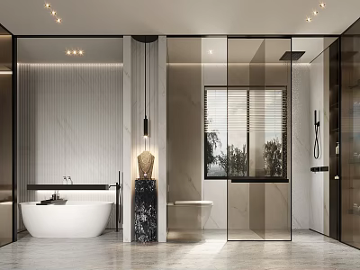Elegant Modern Bathroom Interior With Freestanding Bathtub Glass Partition Marble Wall And Floor-to-Ceiling Window 3d model