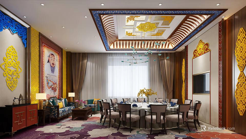 Luxurious Private Dining Room Interior With Ornate Ceiling Dining Table Sofa And Rug 3d model