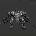 Camouflage Mechanical Robot With Tracked Legs Armed Weapons And Red Signal Light