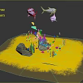 Underwater Scene With Yellow Sand Rocks Seaweed And Swimming Fish