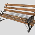 Sturdy Outdoor Wooden Bench With Slatted Seat Back And Metal Armrests Frame