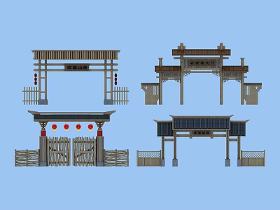 Various Chinese Traditional Entrance Gates with Wooden Structures Roof Designs and Red Lanterns 3d model