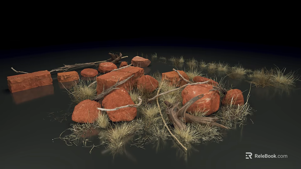 Scenic Natural Landscape With Red Rocks Dry Grass And Dead Wood Elements 3d model 