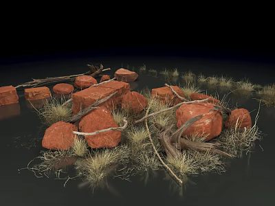 Scenic Natural Landscape With Red Rocks Dry Grass And Dead Wood Elements 3d model