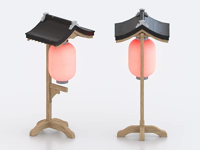 Traditional Chinese Lanterns with Black Roof Style Tops Pink Shades Wooden Stands and Sturdy Bases 3d model