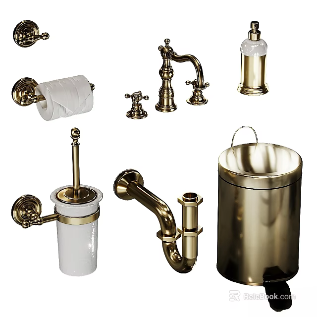 Daily Washing Essentials Including Brass Toilet Paper Holder Faucet And Bathroom Trash Can 3d model 