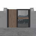 Modern Wooden Gate With Black Metal Frame Slatted Design And Stone Pillars For Courtyard