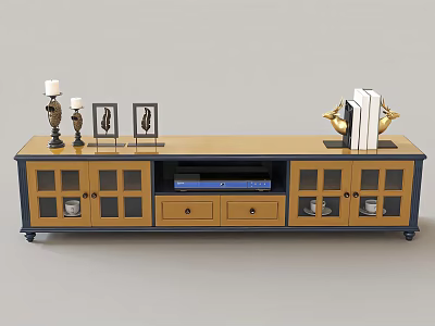 Modern Wooden TV Stand With Drawers Glass Doors And Decorative Candles Frames 3d model