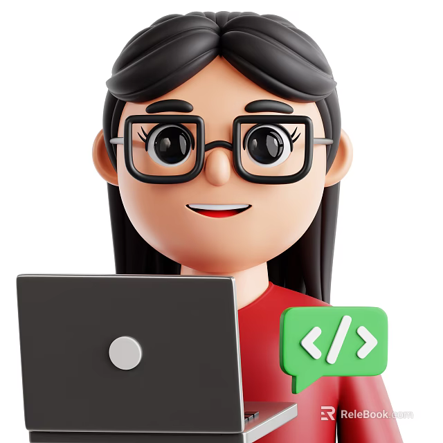 Woman With Glasses Long Hair In Red Top Holding Laptop And Code Chat Bubble 3d model 