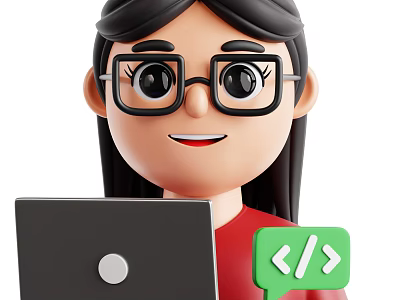 Woman With Glasses Long Hair In Red Top Holding Laptop And Code Chat Bubble 3d model