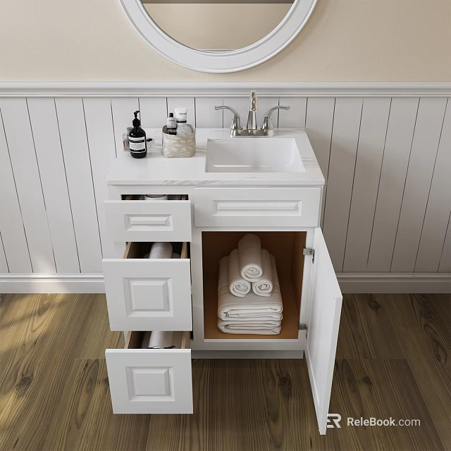 White Bathroom Vanity with Marble Countertop Faucet Toiletries Open Cabinet Towels and White Paneled Walls 3d model 