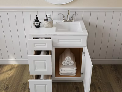 White Bathroom Vanity with Marble Countertop Faucet Toiletries Open Cabinet Towels and White Paneled Walls 3d model
