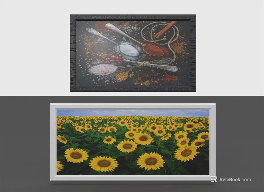 Detailed Artworks With Kitchen Spices Still Life Dark Background And Bright Sunflower Field Paintings 3d model 